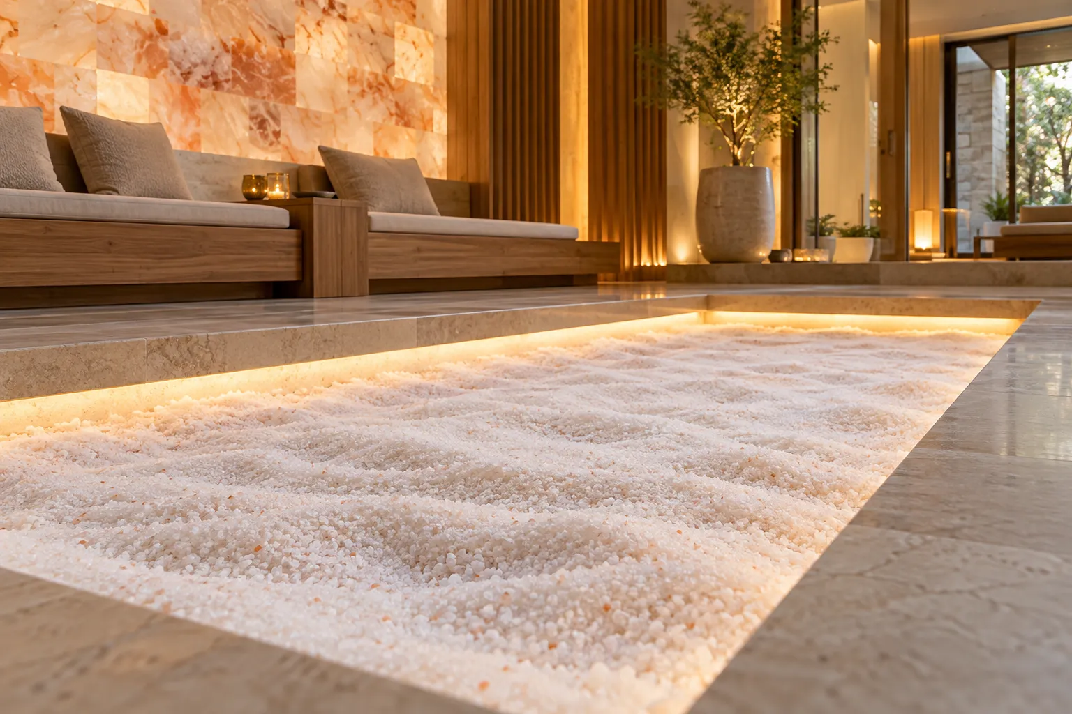 White fine salt in a contained decorative floor bed