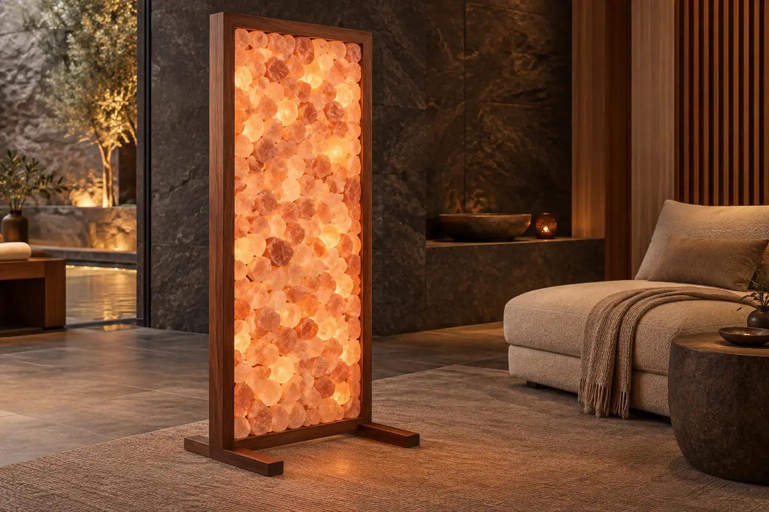 Freestanding walnut-framed illuminated salt panel in a spa lounge