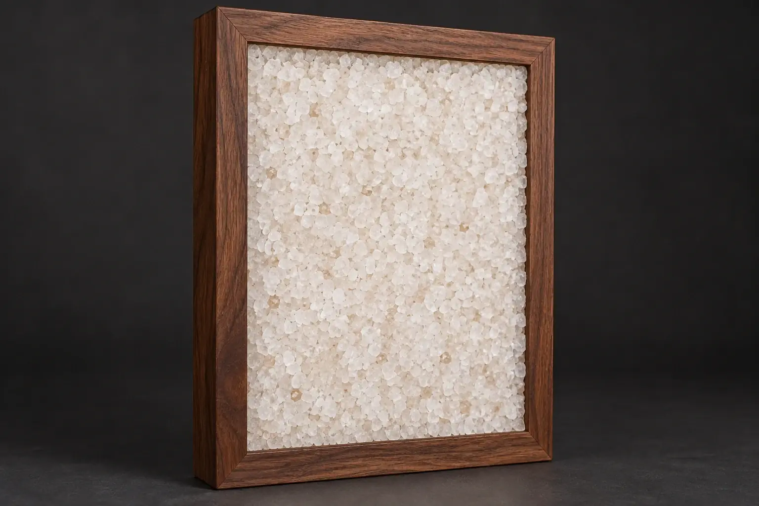 Individual white grain salt panel in walnut frame