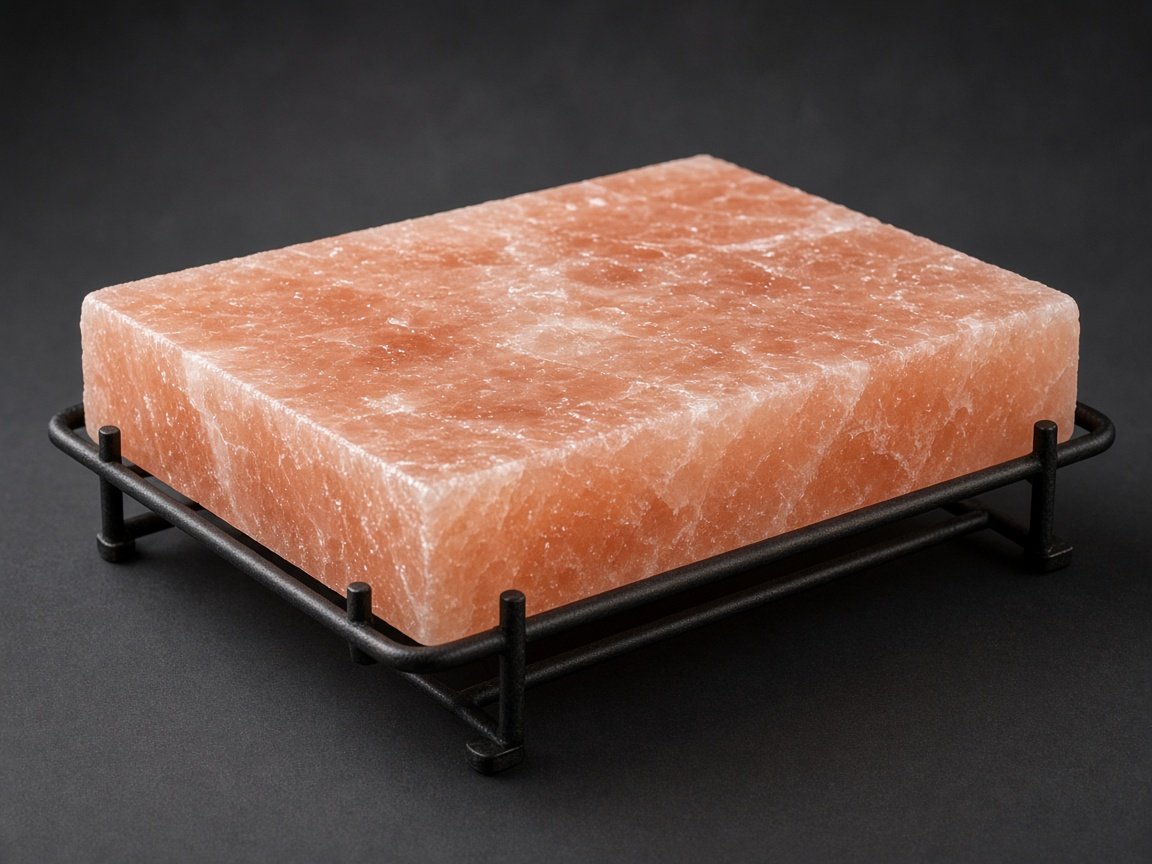 Himalayan pink salt cooking tile on an iron holder, studio photograph.