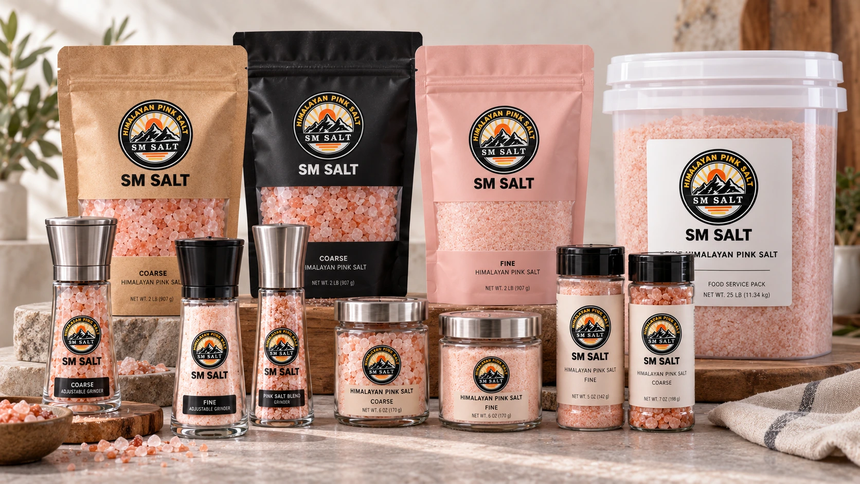 SM Salt private-label zipper pouches, grinders, jars, bottles, and foodservice packaging.