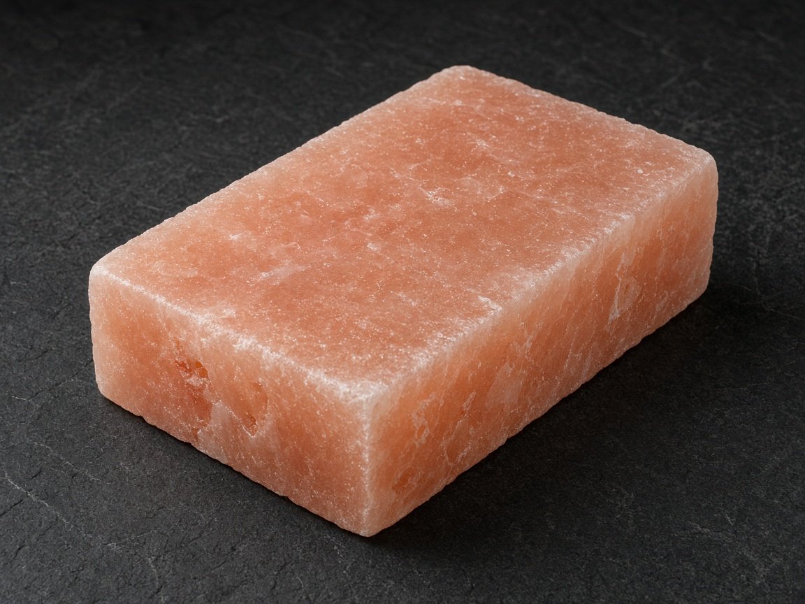 Himalayan pink salt cooking block, studio photograph.