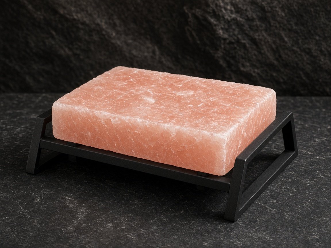 Himalayan pink salt cooking slab with iron holder, studio photograph.