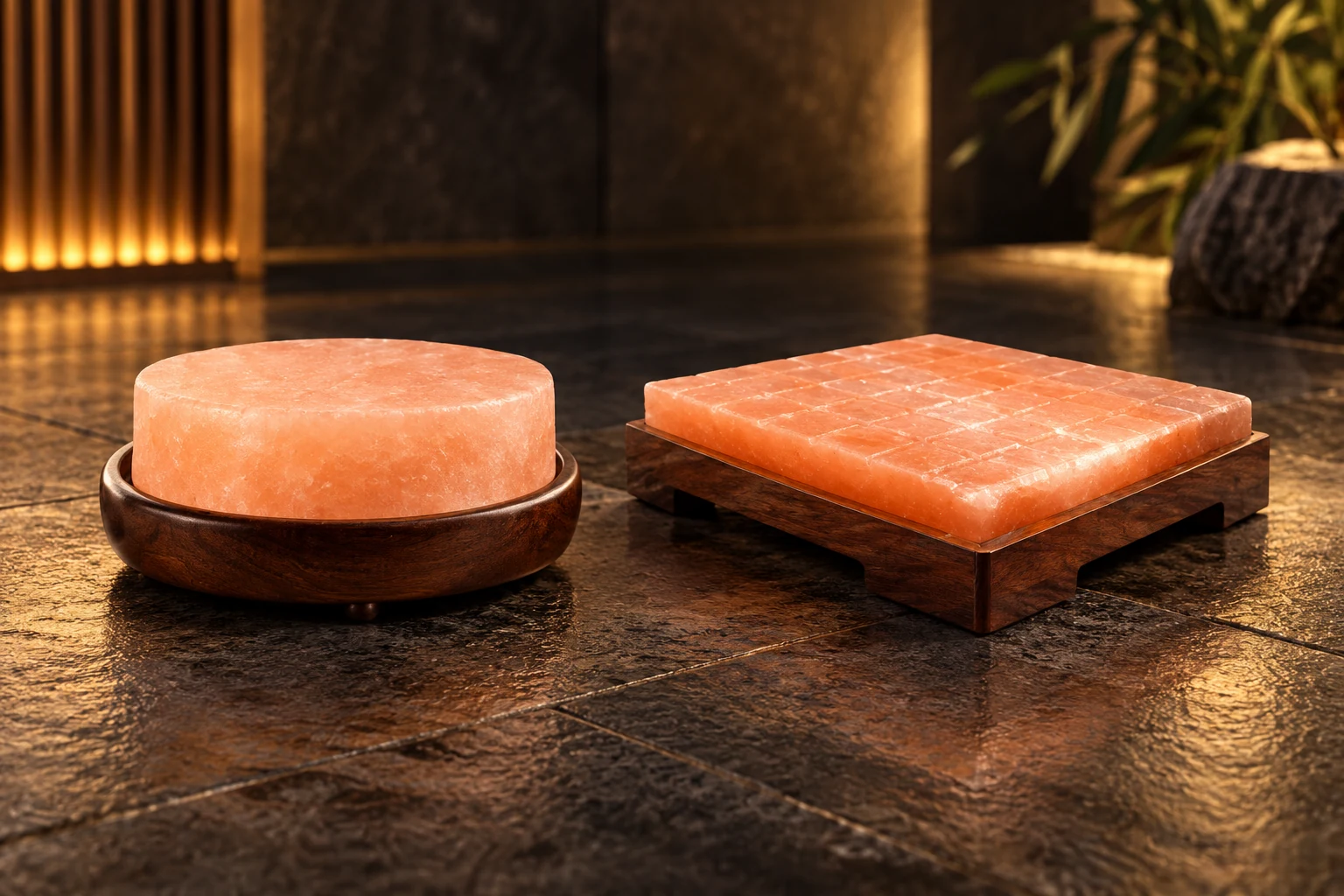 Round and textured square Himalayan salt foot stones with wooden bases in a spa setting
