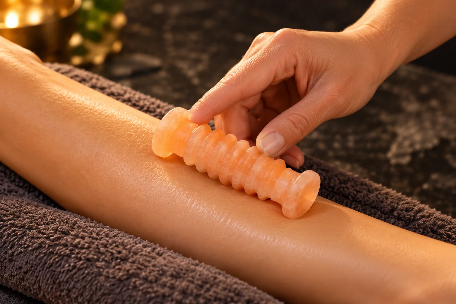 Illustrative spa use of a grooved Himalayan salt roller on an adult forearm