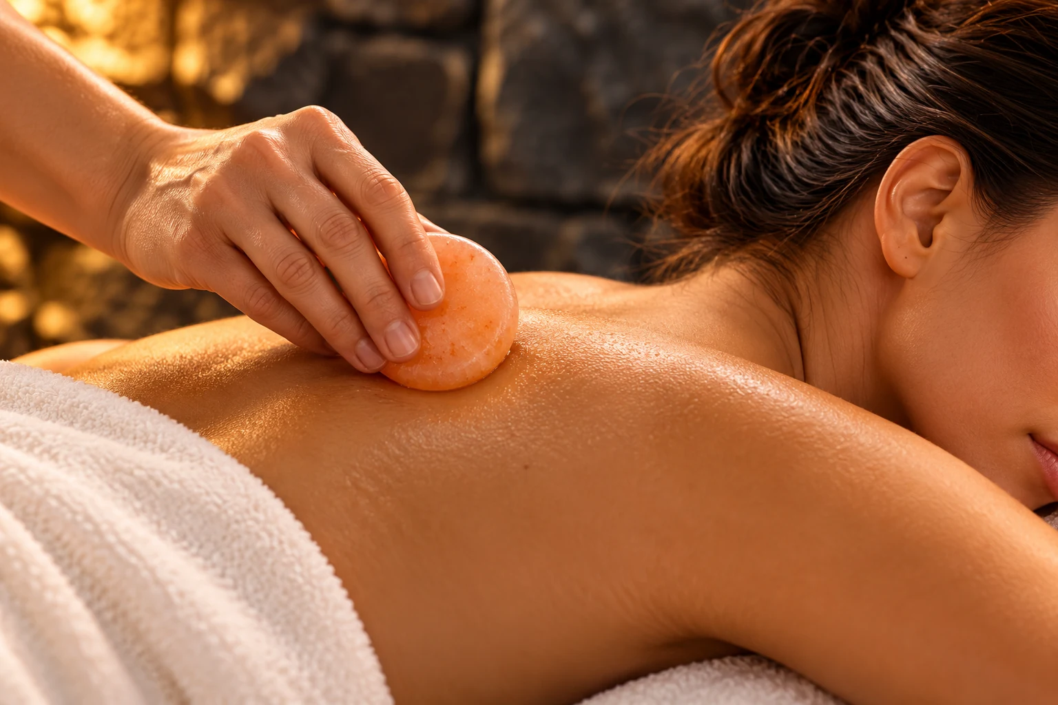 Illustrative spa use of a smooth round Himalayan salt stone on an adult shoulder