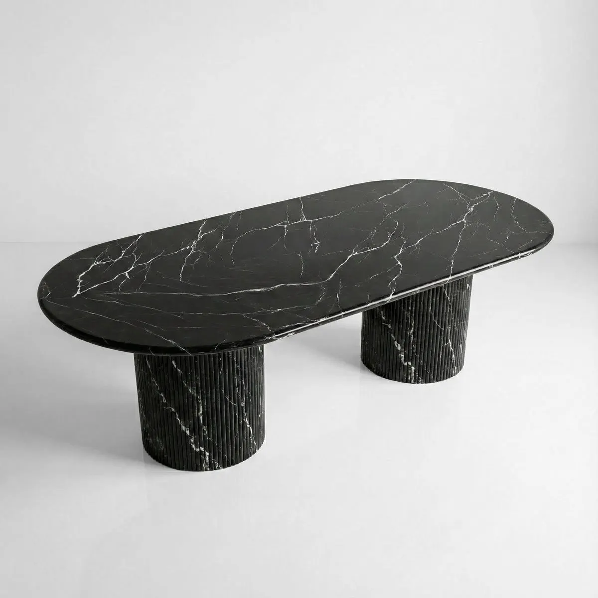 Nero Marquina Marble Oval Dining Table - Fluted