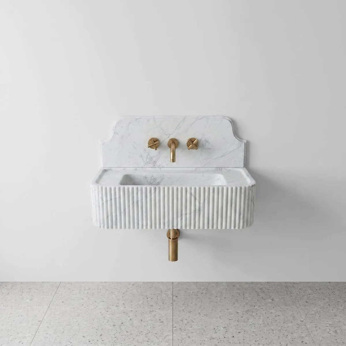 White Carrara Marble Backsplash Sink - Fluted