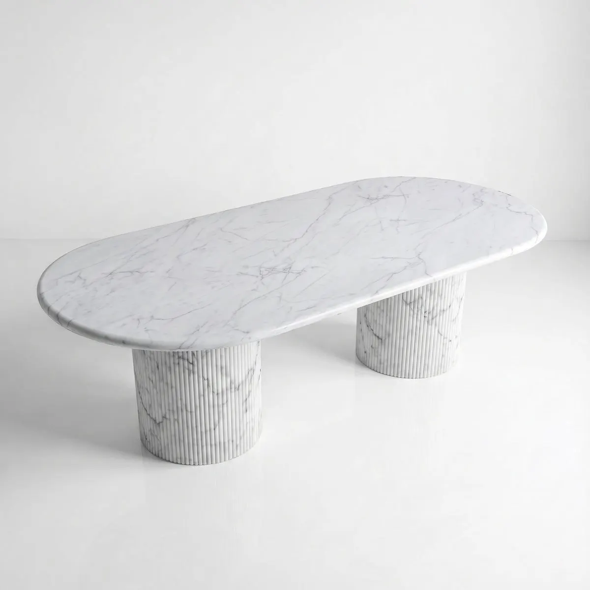 White Carrara Marble Oval Dining Table - Fluted