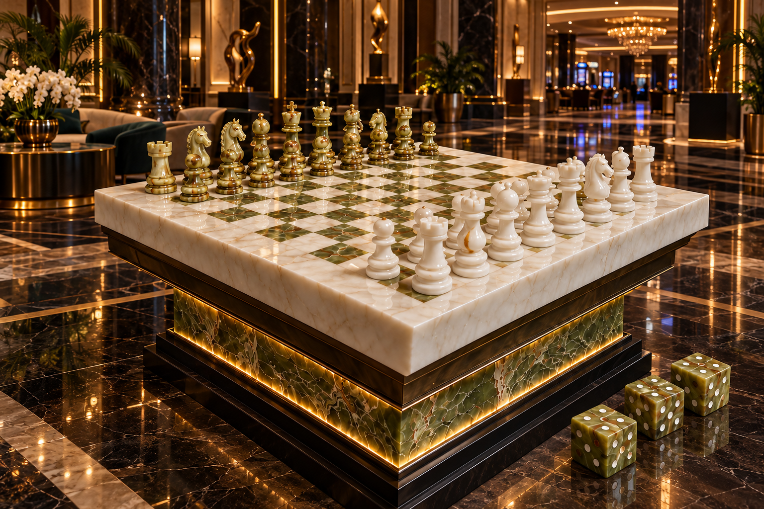 Multi-green and white onyx Signature Chess installation concept