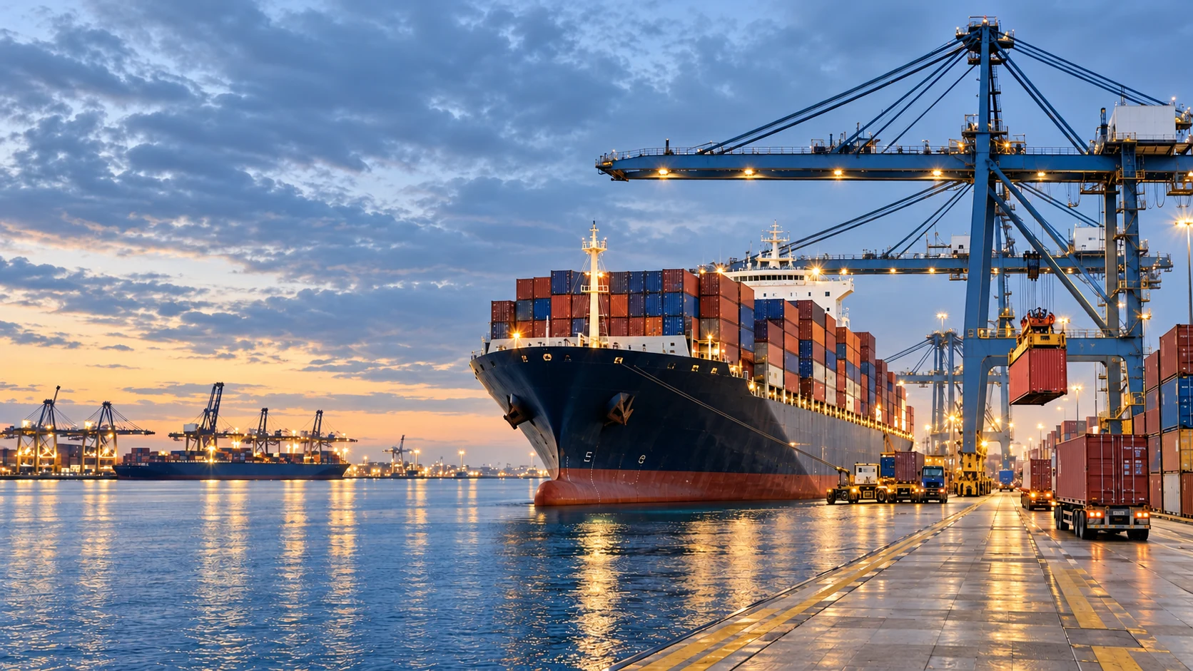Illustrative ocean freight and port scene