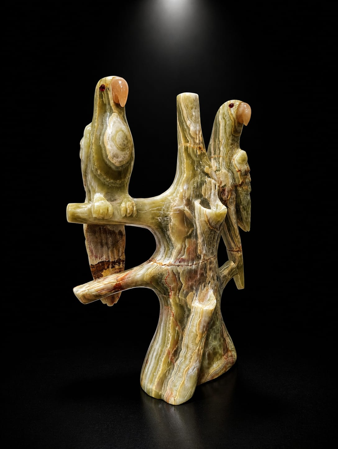 Multi Green Onyx Parrot Pair on Branch