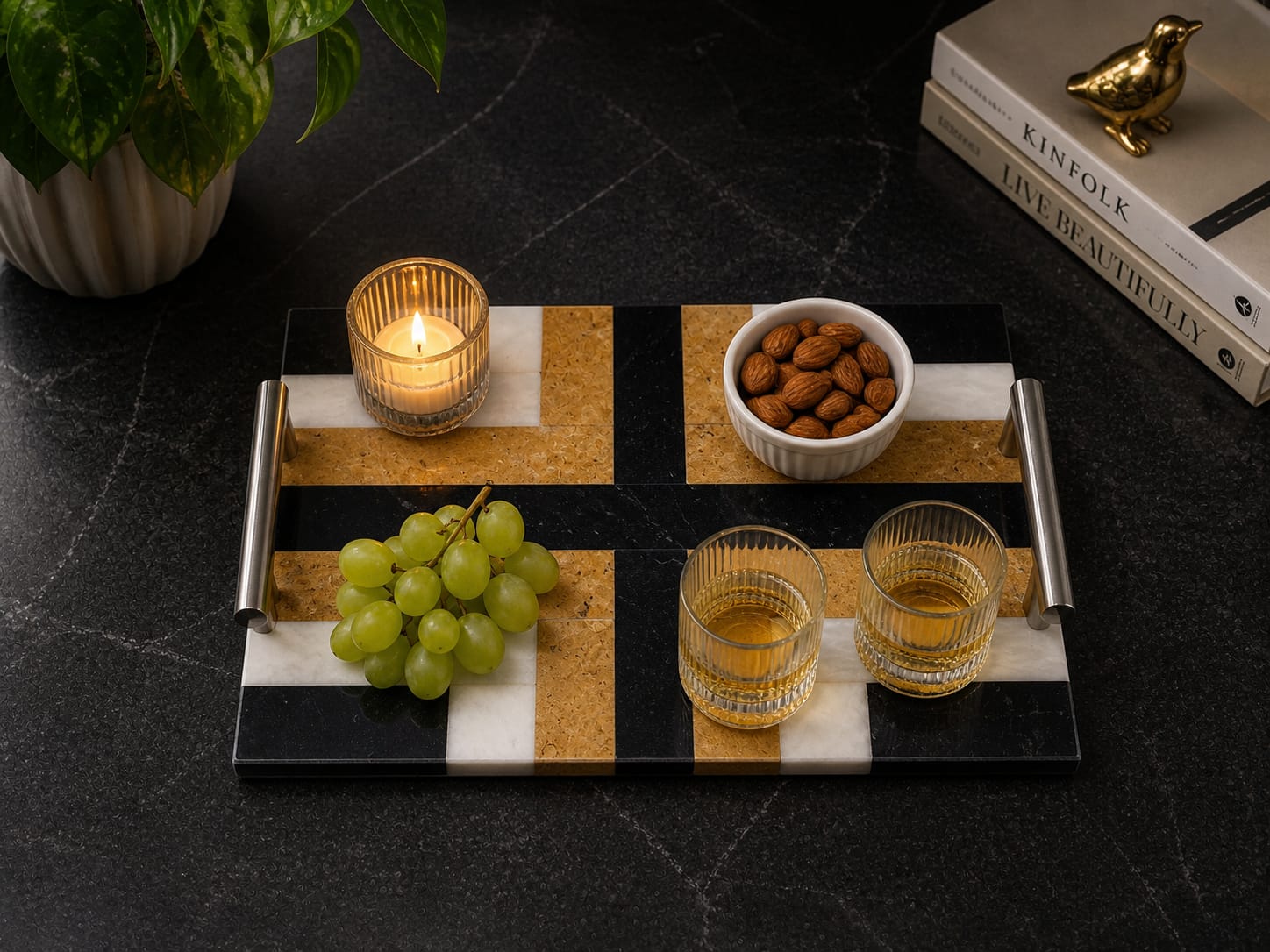 Luxury Geometric Marble Serving Tray with Metal Handles - Image 2