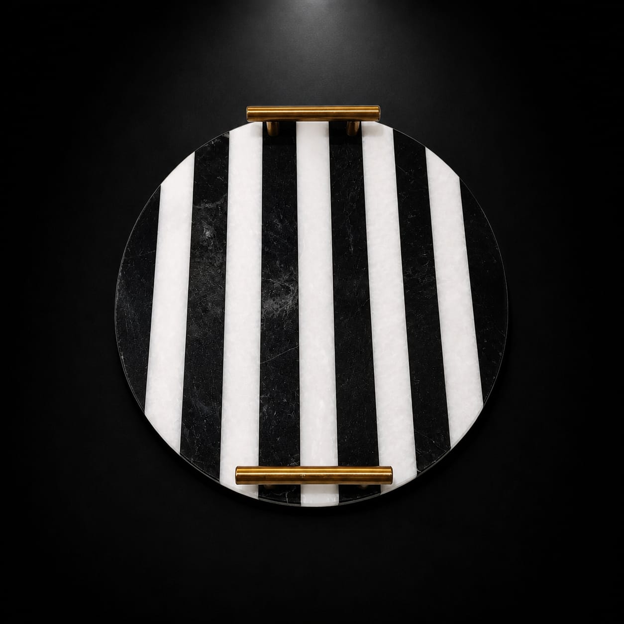 Luxury Round Black & White Marble Serving Tray with Gold Handles