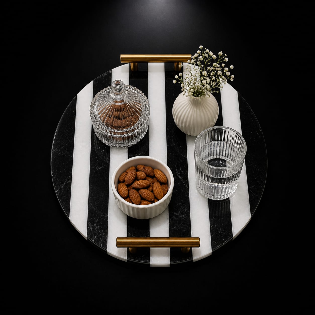 Luxury Round Black & White Marble Serving Tray with Gold Handles - Image 2