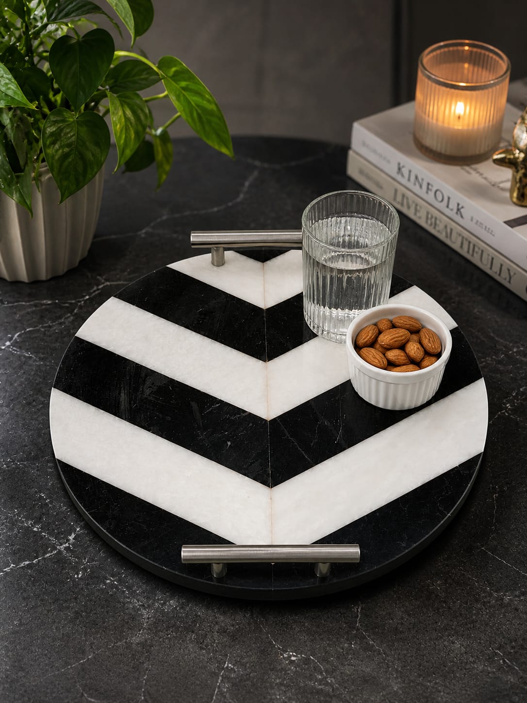 Luxury Black & White Marble Round Serving Tray – Chevron Design - Image 2