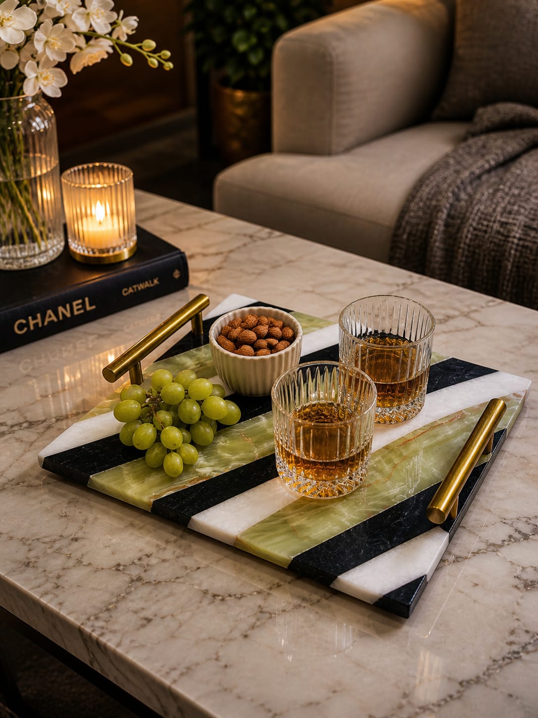 Luxury Marble Serving Tray with Gold Handles – Striped Onyx Design - Image 3