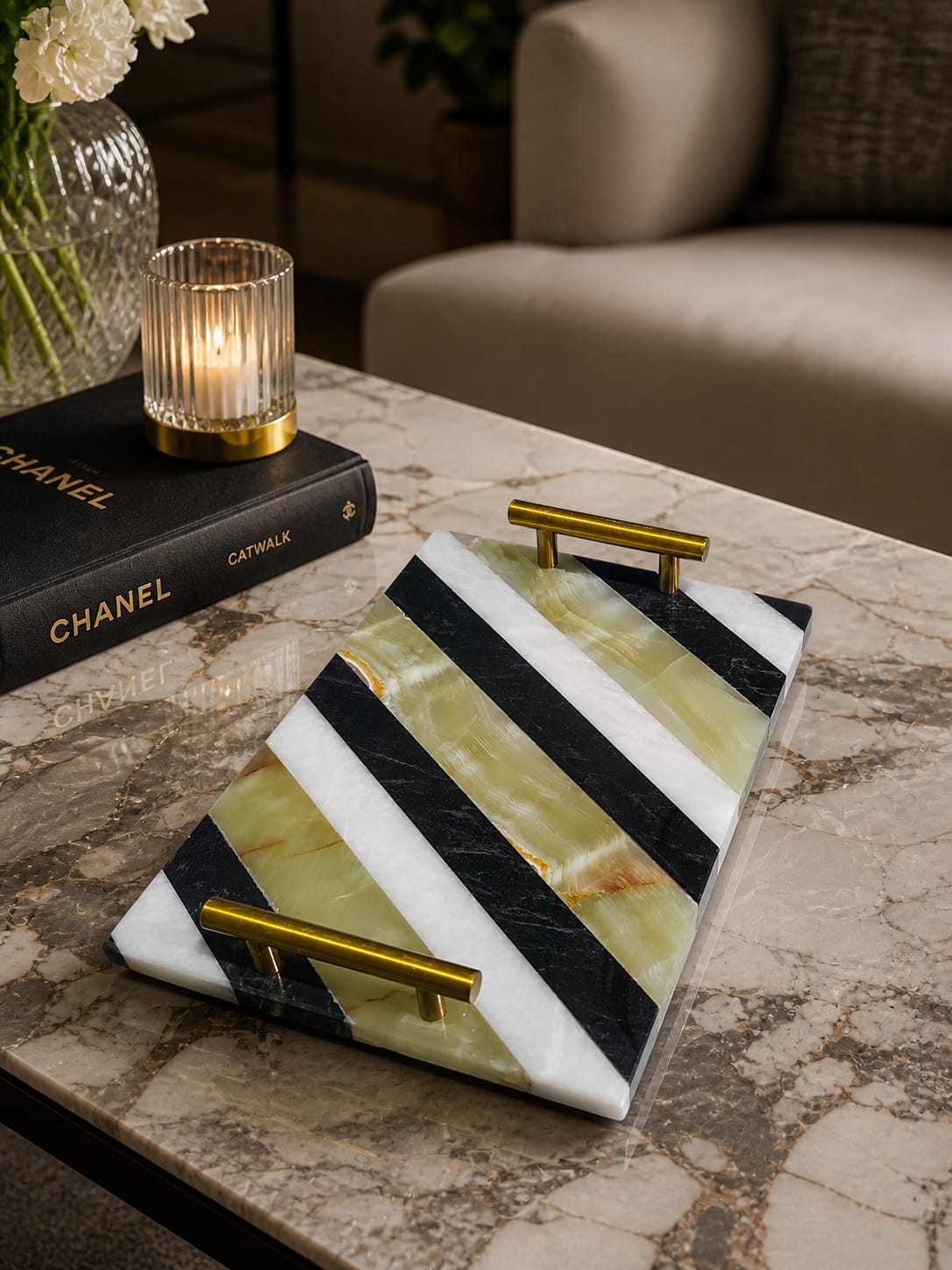 Luxury Marble Serving Tray with Gold Handles – Striped Onyx Design - Image 2