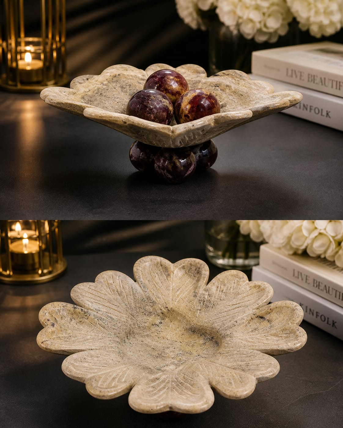 Luxury Floral Marble Decorative Bowl – Handcrafted Stone Centerpiece - Image 2
