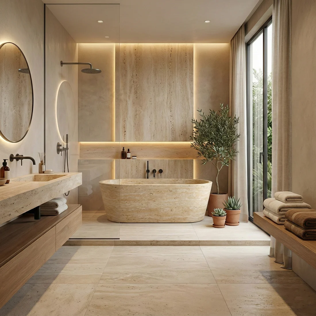 Beige Travertine Freestanding Bathtub - Tapered - Image 4