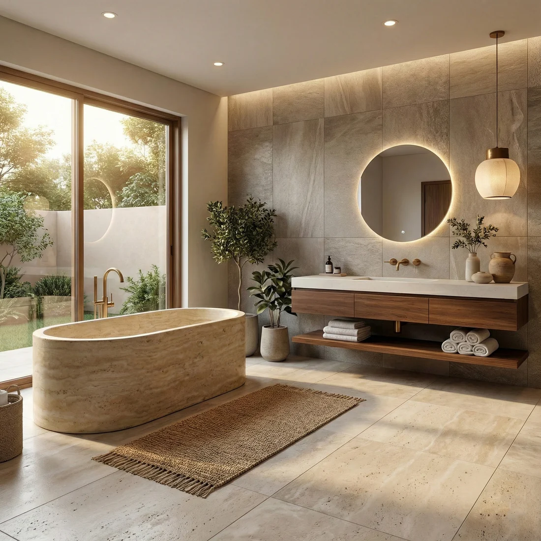 Beige Travertine Freestanding Bathtub - Elliptical - Image 4