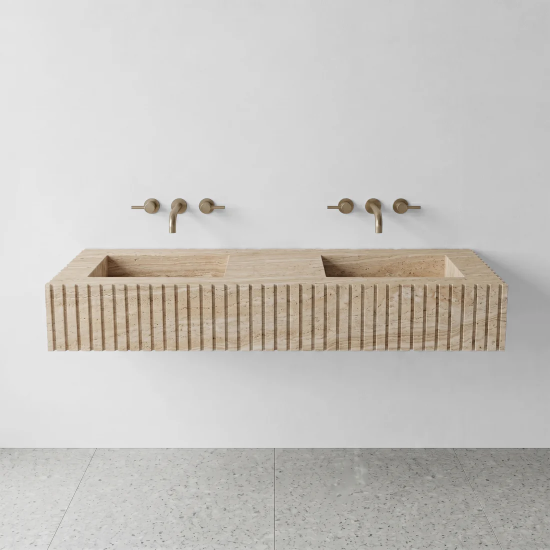 Beige Travertine Double Sink - Fluted