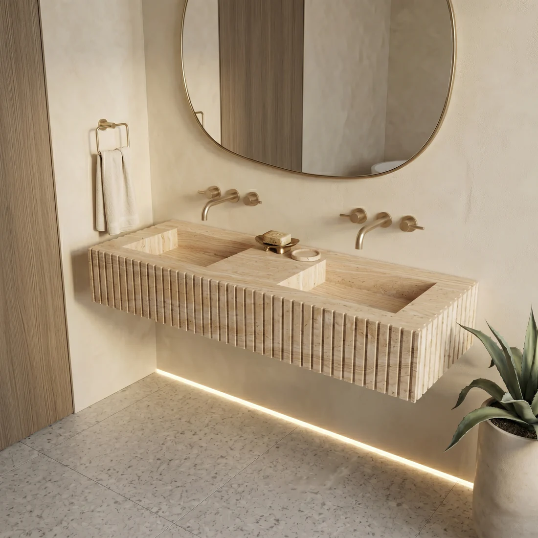 Beige Travertine Double Sink - Fluted - Image 2