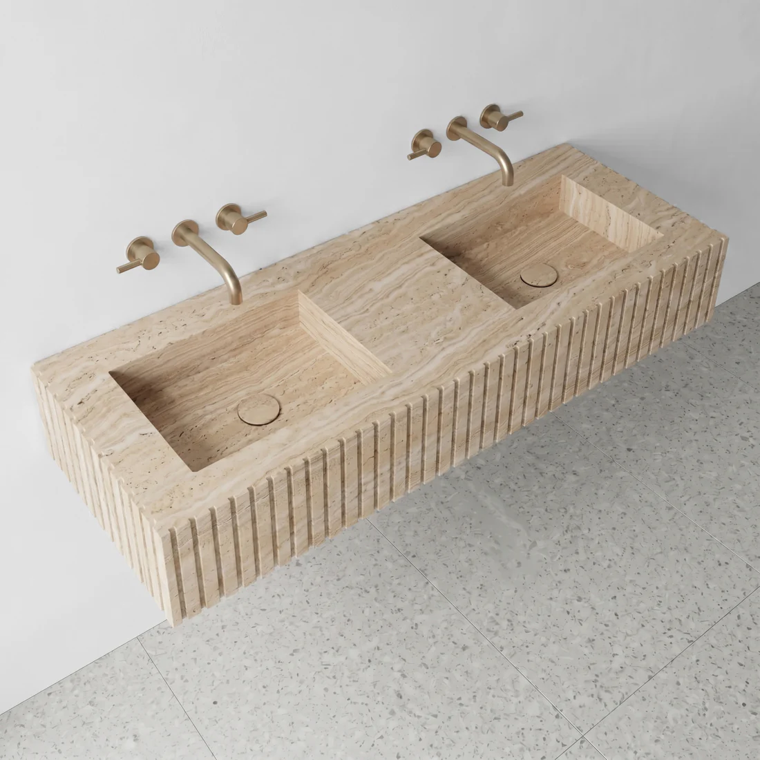 Beige Travertine Double Sink - Fluted - Image 3