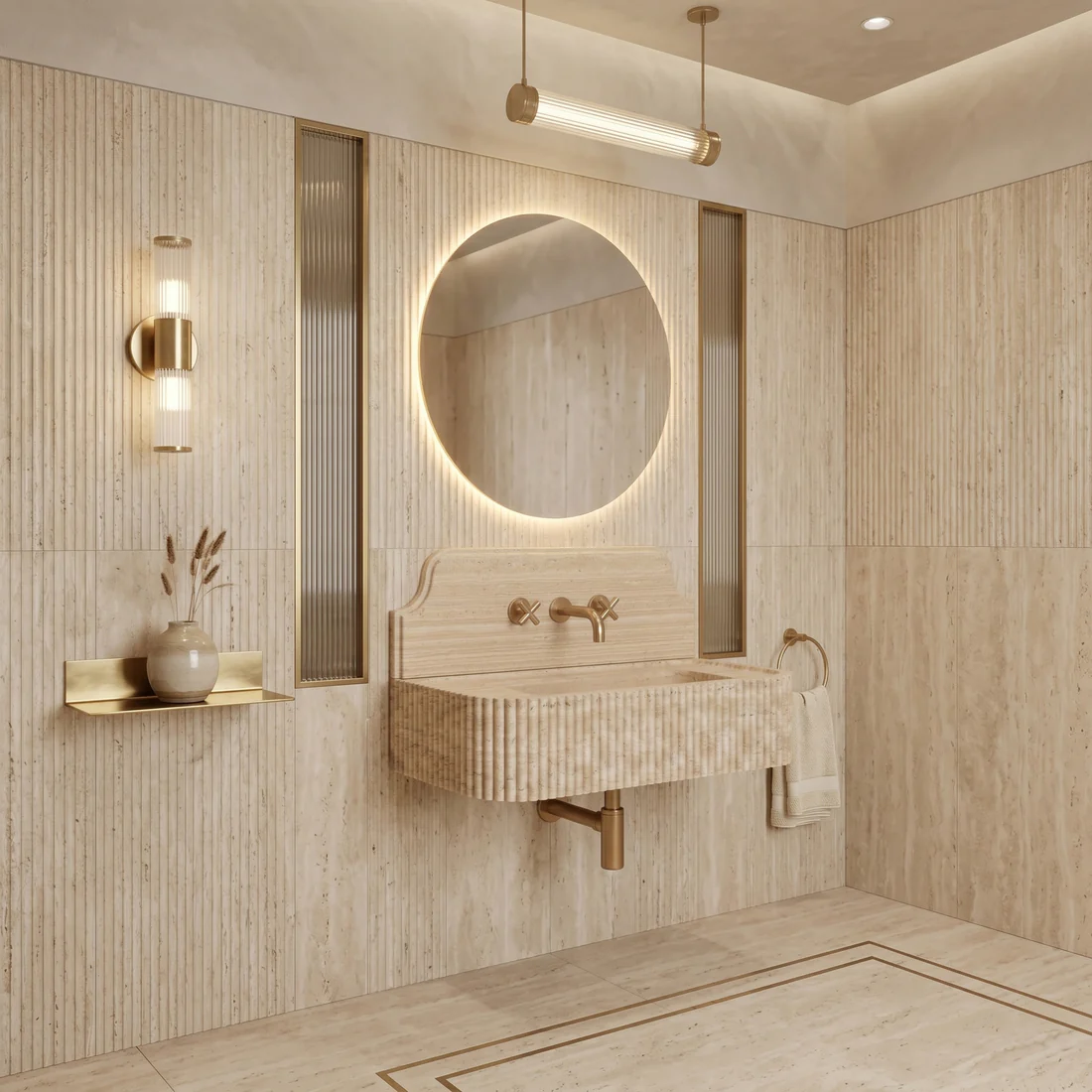 Beige Travertine Backsplash Sink - Fluted - Image 2
