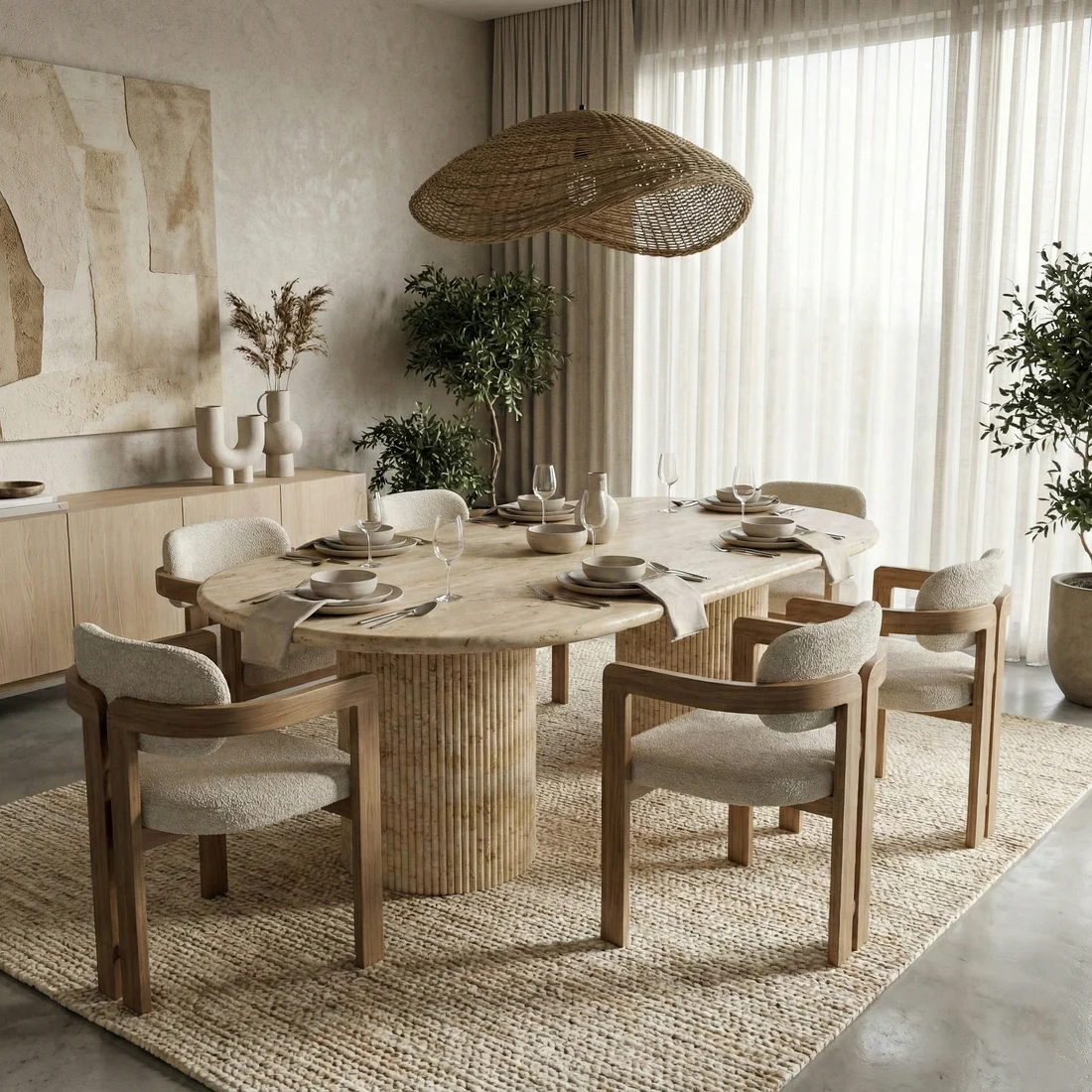 Beige Travertine Oval Dining Table - Fluted - Image 2