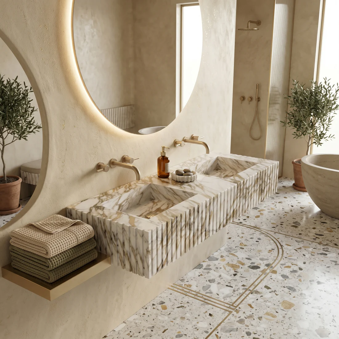 Calacatta Gold Marble Double Sink - Fluted - Image 2