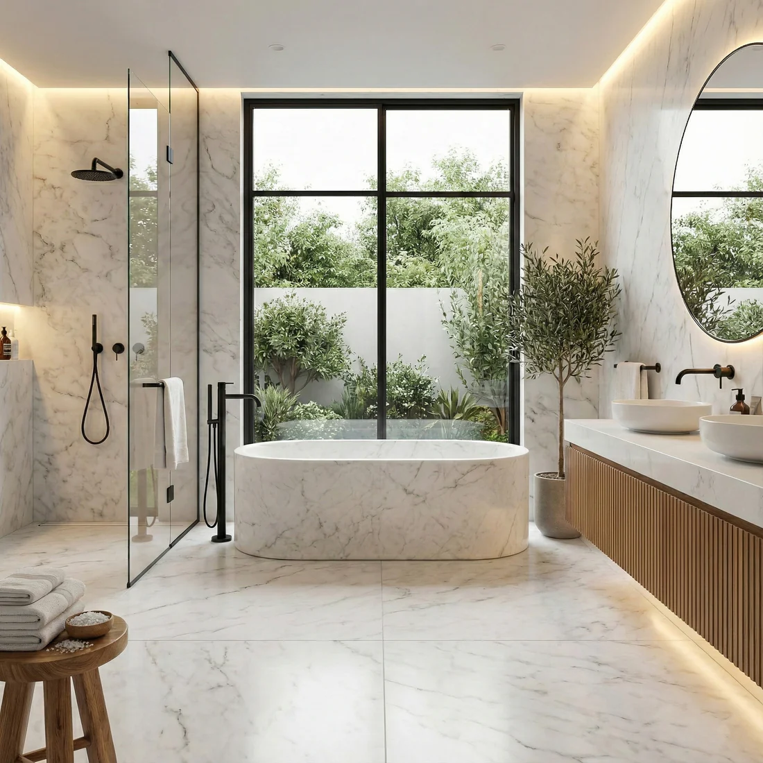 White Carrara Marble Freestanding Bathtub - Elliptical - Image 4