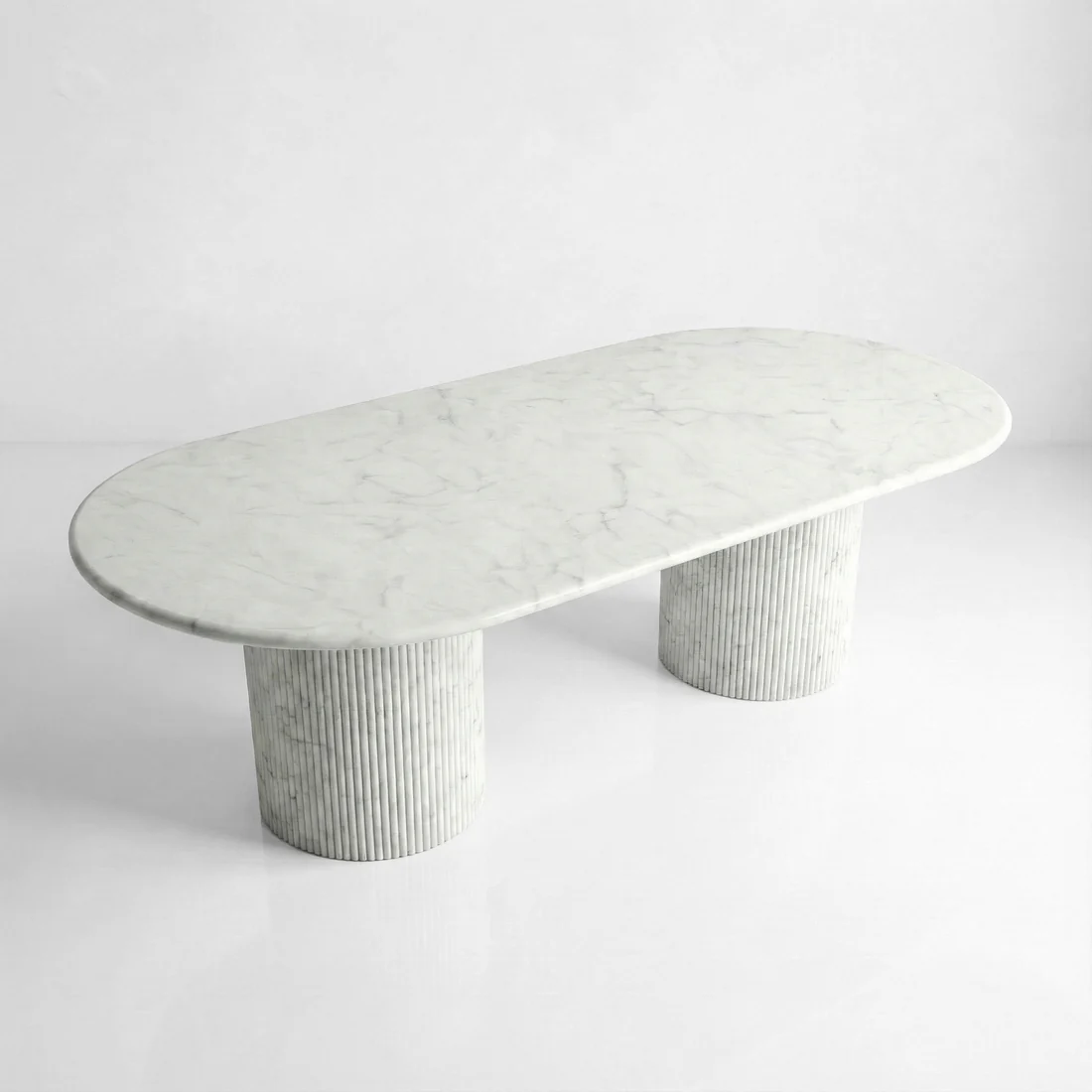 White Carrara Marble Oval Dining Table - Fluted
