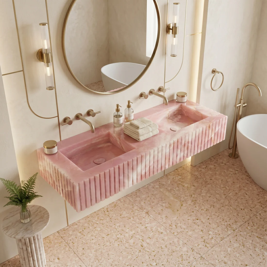 Pink Onyx Double Sink - Fluted - Image 2
