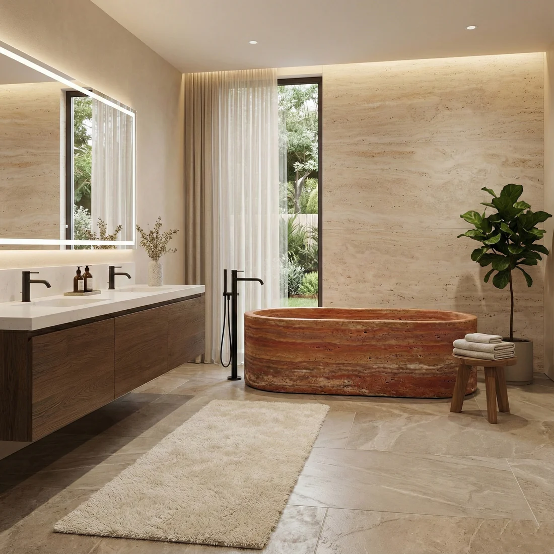 Red Travertine Freestanding Bathtub - Elliptical - Image 4
