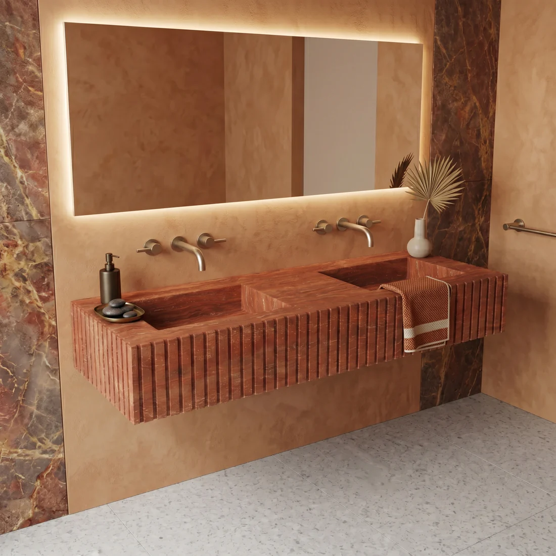 Red Travertine Double Sink - Fluted - Image 2