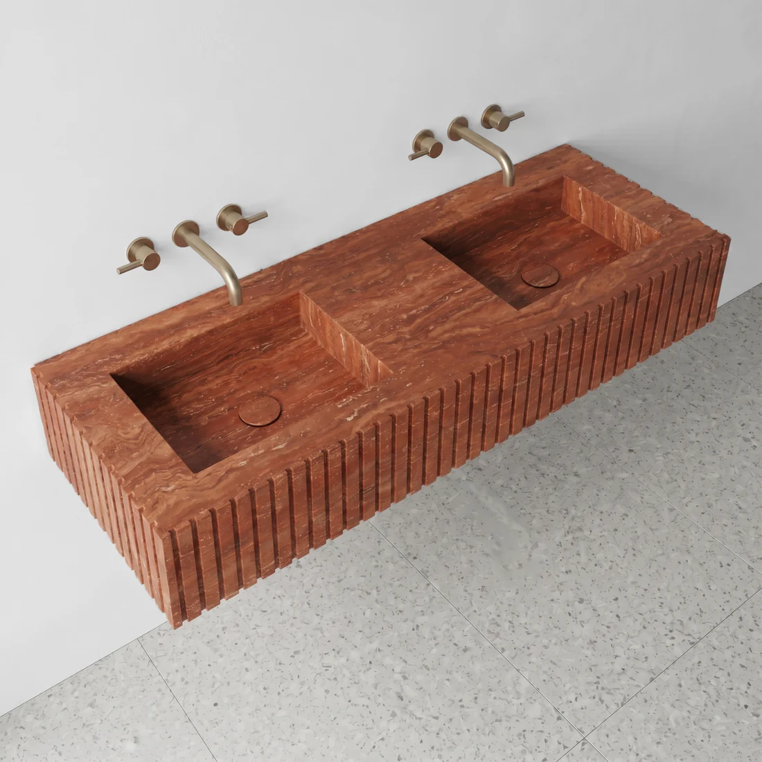 Red Travertine Double Sink - Fluted - Image 3