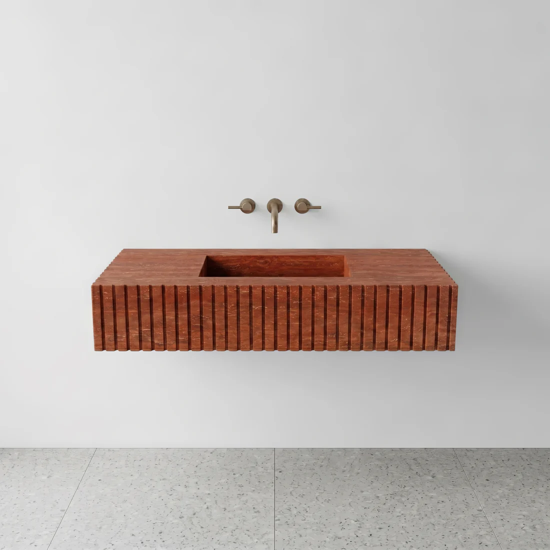 Red Travertine Single Sink - Fluted