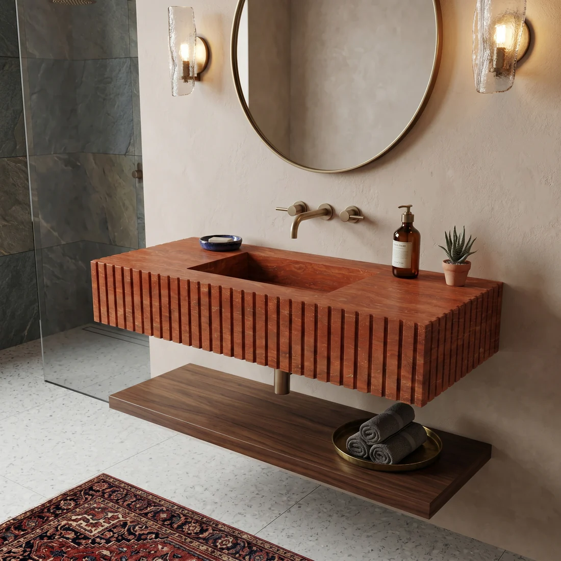 Red Travertine Single Sink - Fluted - Image 2