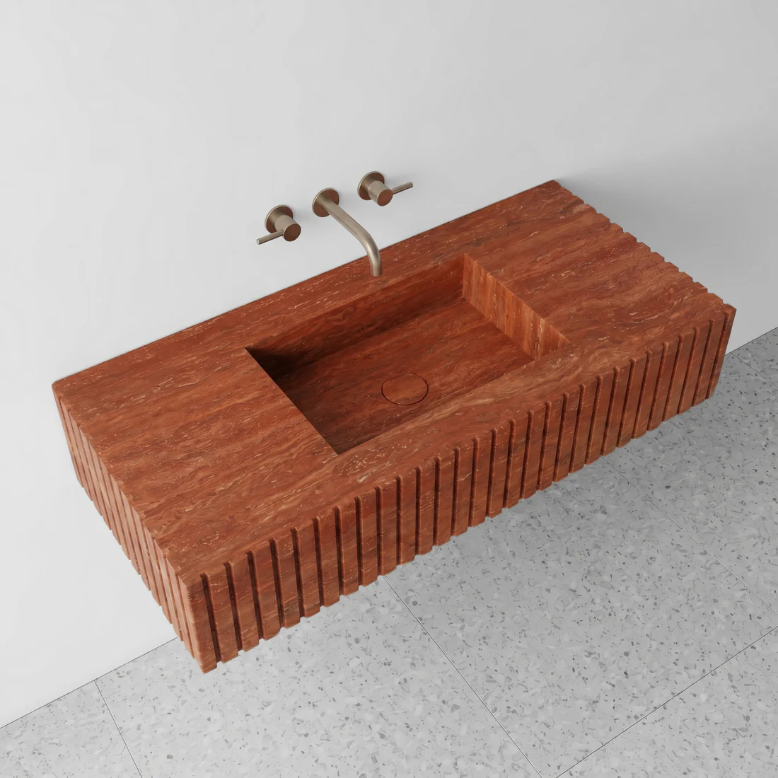 Red Travertine Single Sink - Fluted - Image 3