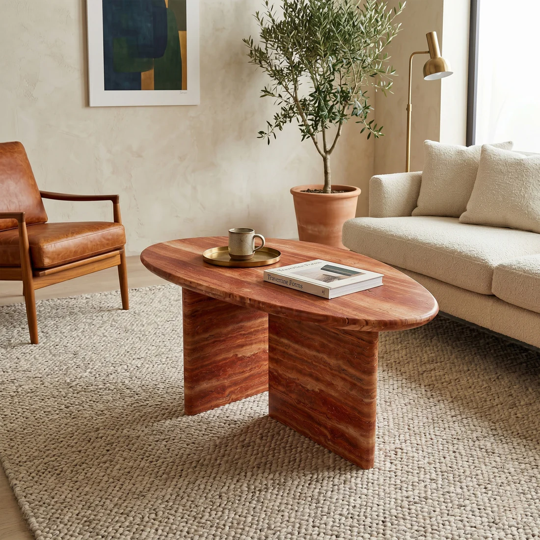 Red Travertine Coffee Table - Pebble - Image 2
